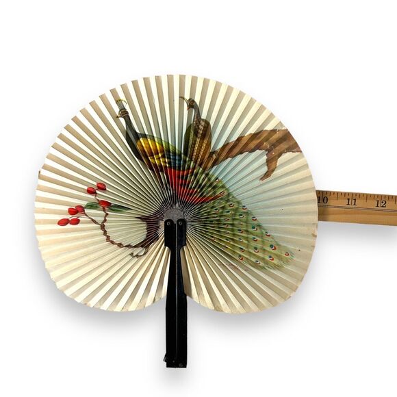 Vintage Asian Hand Fan 10 Inch Republic Of China Foldable Birds Peacocks - Picture 7 of 16